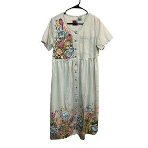Vintage Sun Belt Floral Painted Short Sleeve Button Front Dress Small Boho Artsy